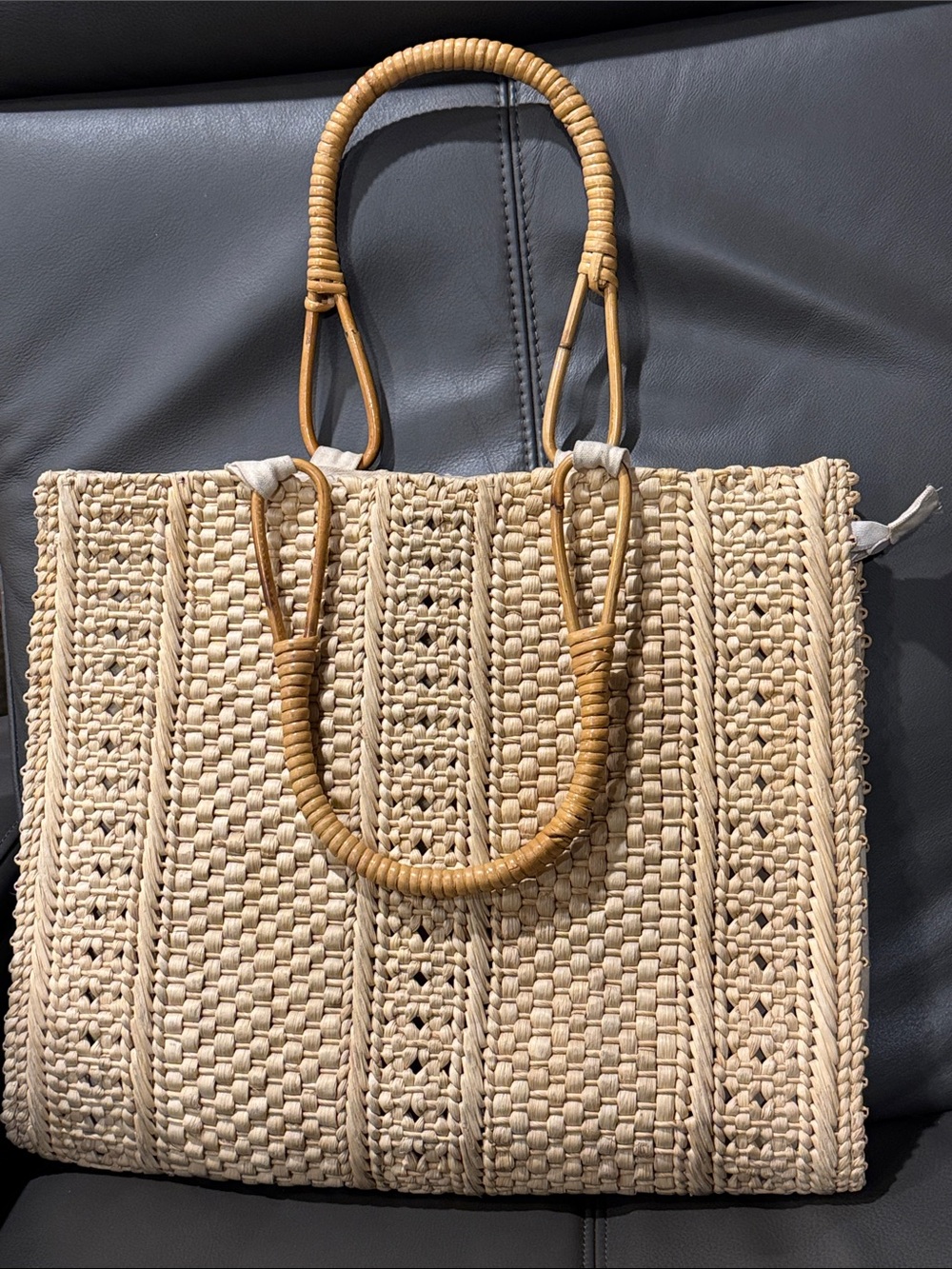 Woven Straw Tote Bag with Rattan Handles - Natural